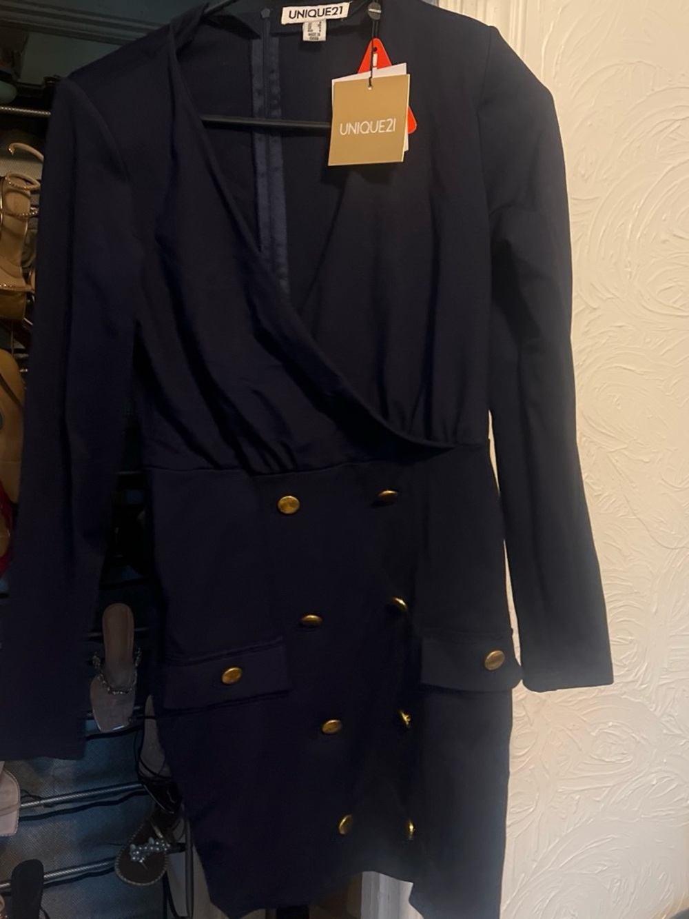 Unique21 Navy Double-Breasted Blazer Dress with Gold Buttons